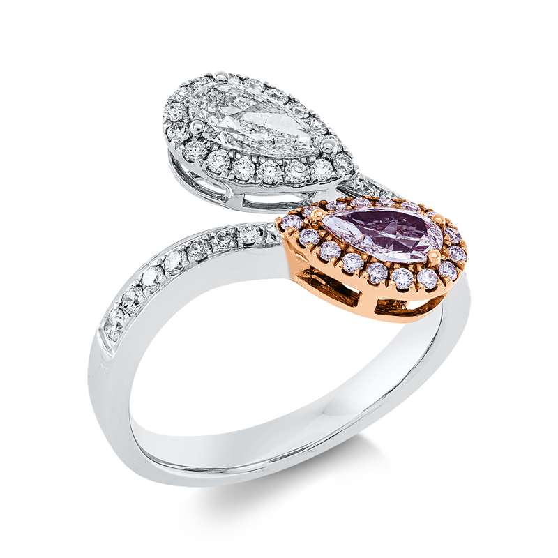Ring 18 kt, 1 Tropfen 0,51 ct, pink-si2, 1 Tropfen 0,47 ct, 31 Brill. 0,31 ct, TW-si, 16 Brill. 0,12 ct, pink