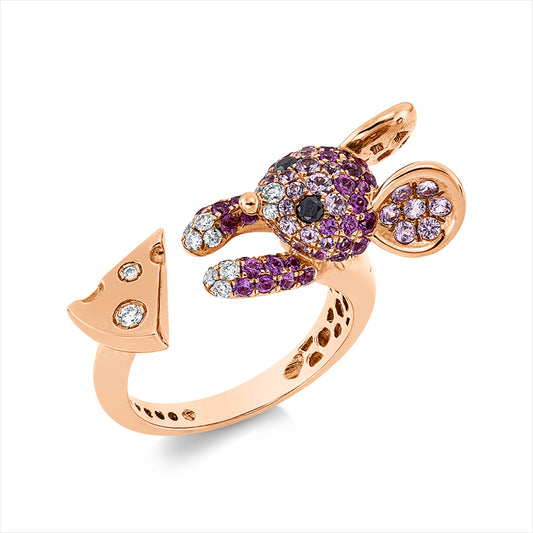 Ring 18 kt RG+GG, 13 Brill. 0,14 ct, TW-vsi, 2 Brill. 0,07 ct, schwarz, 76 Saphire 1,16 ct pink