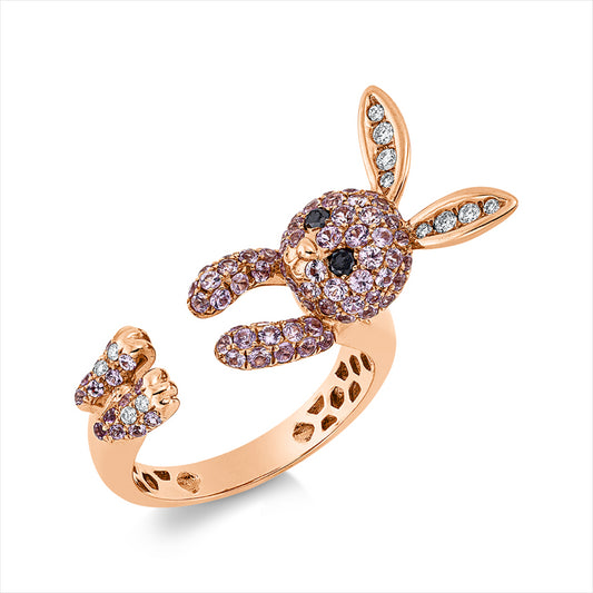 Ring 18 kt RG, 12 Brill. 0,10 ct, TW-vsi, 2 Brill. 0,05 ct, schwarz, 87 Saphire 1,11 ct pink