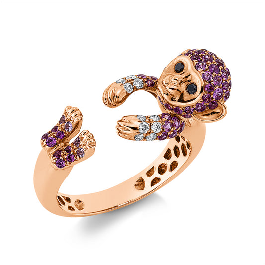Ring 18 kt RG, 12 Brill. 0,10 ct, TW-vsi, 2 Brill. 0,02 ct, schwarz, 61 Saphire 0,68 ct multicolor