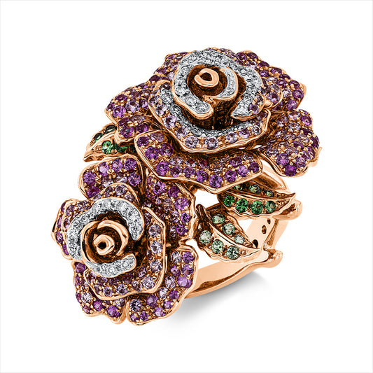 Ring 18 kt RG+WG, 38 Brill. 0,22 ct, TW-vsi, 224 Saphire 2,09 ct pink, 14 Tsavorith 0,13 ct grün