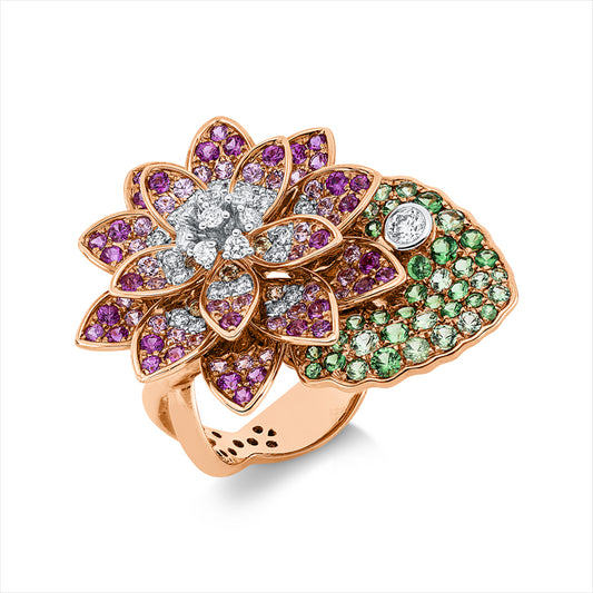 Ring 18 kt RG+WG,29 Brill.0,44ct,TW-vsi,75 Sapp 1,43ct pink,10 Sapp 0,15ct gelb,39 Tsav 0,90ct grün