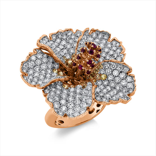 Ring 18 kt RG+WG, 179 Brill. 2,85 ct, TW-vsi, 19 Rubine 0,28 ct rot, 43 Saphire 0,79 ct gelb