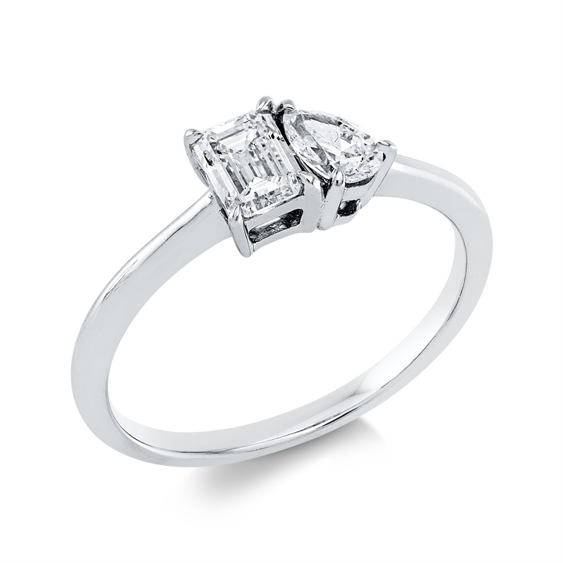 Ring 18 kt WG, 1 Sm.schliff 0,46 ct, F-vsi, 1 Tropfen 0,23 ct, F-vsi