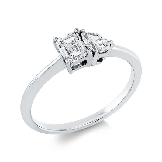 Ring 18 kt WG, 1 Sm.schliff 0,46 ct, F-vsi, 1 Tropfen 0,23 ct, F-vsi