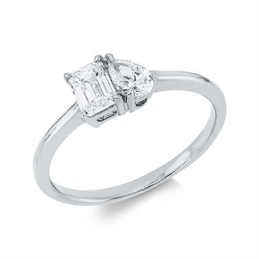 Ring 18 kt WG, 1 Sm.schliff 0,46 ct, F-vsi, 1 Tropfen 0,23 ct, F-vsi