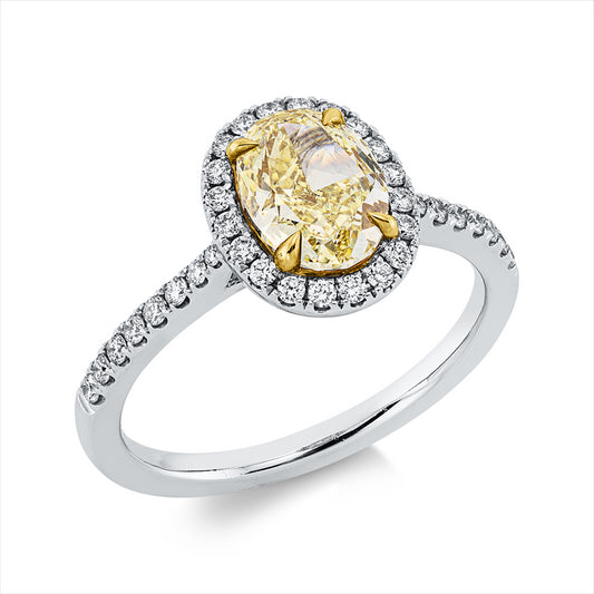 Ring 18 kt WG+GG, GIA_7381994332, 1 Oval 1,33 ct, gelb-vs2, 36 Brill. 0,25 ct, F-vvs/vs