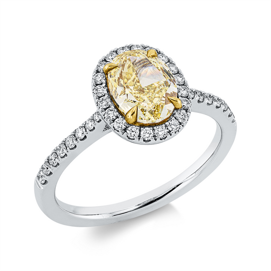 Ring 18 kt WG+GG, GIA_7381994332, 1 Oval 1,33 ct, gelb-vs2, 36 Brill. 0,25 ct, F-vvs/vs