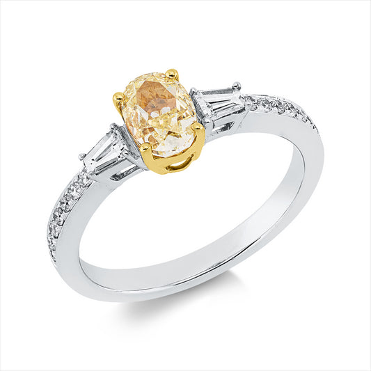 Ring 18 kt WG+GG, GIA6481635159, 1 Oval 1,01 ct, gelb-si2, 2 Trap. 0,20 ct, TW-si, 14 Brill. 0,14 ct, TW-si