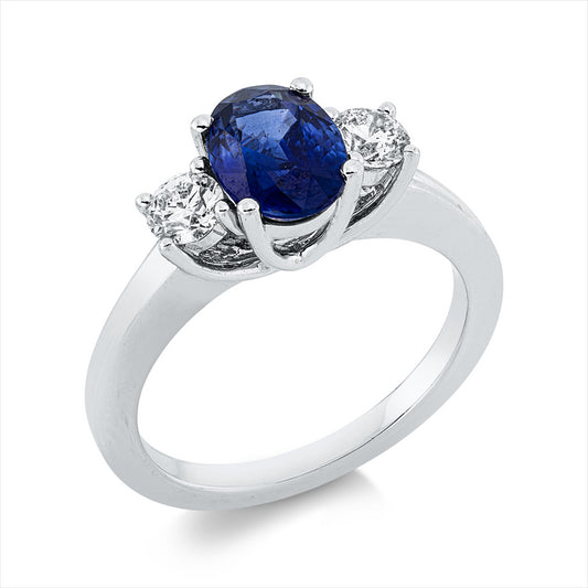 Ring 18 kt WG, 2 Brill. 0,38 ct, TW-si, 1 Saphir 1,59 ct blau