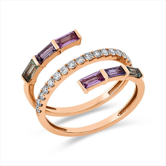 Ring 18 kt RG, 17 Brill.0,28ct, TW-si, 2 Saphire 0,26ct pink, 2 Saphire 0,29ct grün, 2 Saphire 0,25ct lila