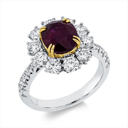 Ring 18 kt WG+GG, 10 Brill. 1,36 ct, TW-si, 12 Brill. 0,27 ct, TW-si, 1 Rubin 3,03 ct rot