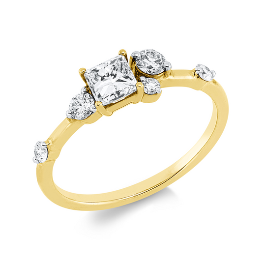 Ring 18 kt GG, Fassung rhodiniert, 2 Brill. 0,18 ct, TW-si, 3 Brill. 0,10 ct, TW-si, 1 Princ. 0,51 ct, gelb