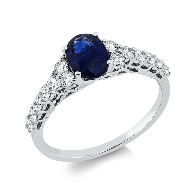 Ring 18 kt WG, 14 Brill. 0,48 ct, TW-si, 1 Saphir 0,92 ct blau