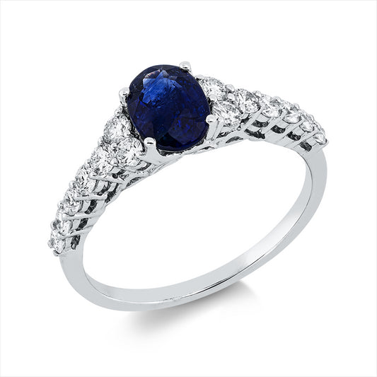 Ring 18 kt WG, 14 Brill. 0,48 ct, TW-si, 1 Saphir 0,92 ct blau