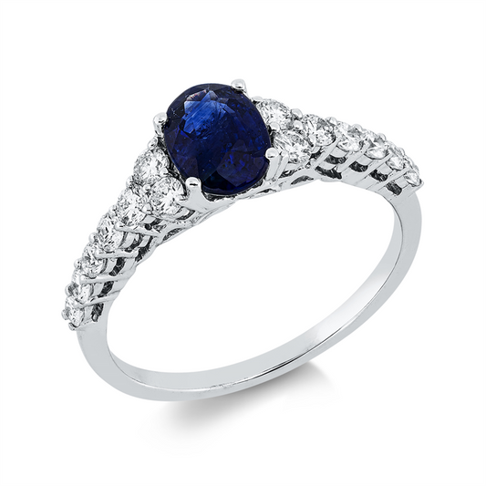 Ring 18 kt WG, 14 Brill. 0,49 ct, TW-si, 1 Saphir 1,02 ct blau