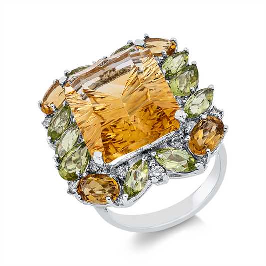 Ring 18 kt WG, 12 Brill. 0,25 ct, W-pi, 5 Citrin 13,17 ct gelb, 10 Peridot 3,03 ct grün