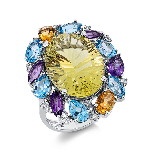 Ring 18 kt WG, 12 Brill. 0,27 ct, W-si/pi, 12 Fant-Schl 4,49ct fancy, 1 Lemonquarz 10,91 ct grün