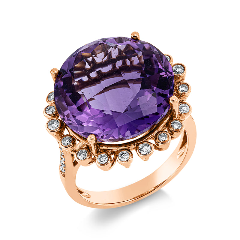 Ring 18 kt RG, 34 Brill. 0,39 ct, braun, 1 Amethyst 14,29 ct lila
