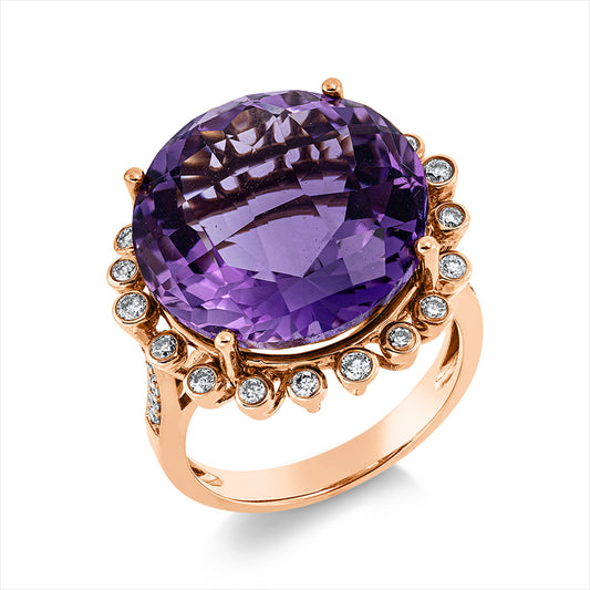 Ring 18 kt RG, 34 Brill. 0,39 ct, braun, 1 Amethyst 14,29 ct lila