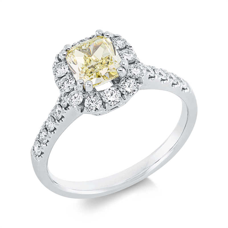 Ring 18 kt WG, GIA 5171663241, 1 Cushion 1,04 ct, gelb-vs2, 22 Brill. 0,53 ct, TW-vsi