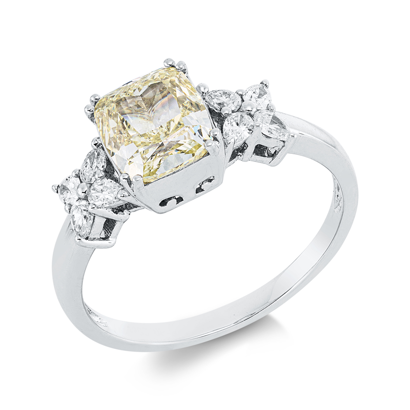 Ring 18 kt WG, GIA5172321132, 1 Cushion 1,58 ct, gelb-vsi, 8 Tropfen 0,26 ct, TW-si