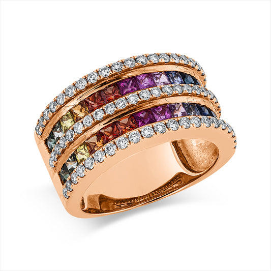 Ring 18 kt RG, 65 Brill. 0,77 ct, TW-si, 28 Saphire 1,93 ct fancy