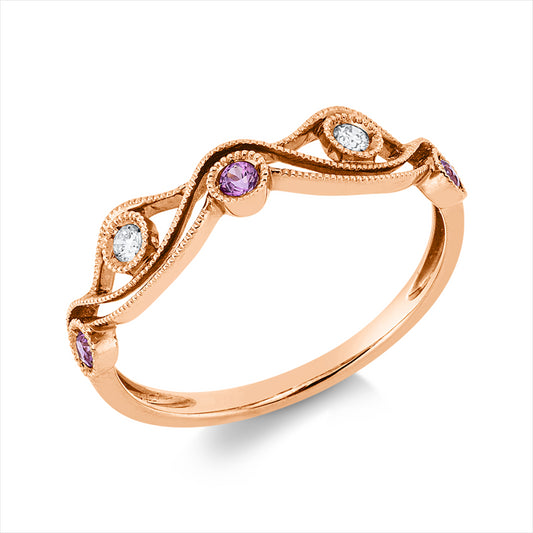 Ring 18 kt RG, 2 Brill. 0,04 ct, TW/W-si, 3 Saphire 0,09 ct pink