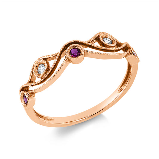 Ring 18 kt RG, 2 Brill. 0,04 ct, TW/W-si, 3 Rubine 0,07 ct rot