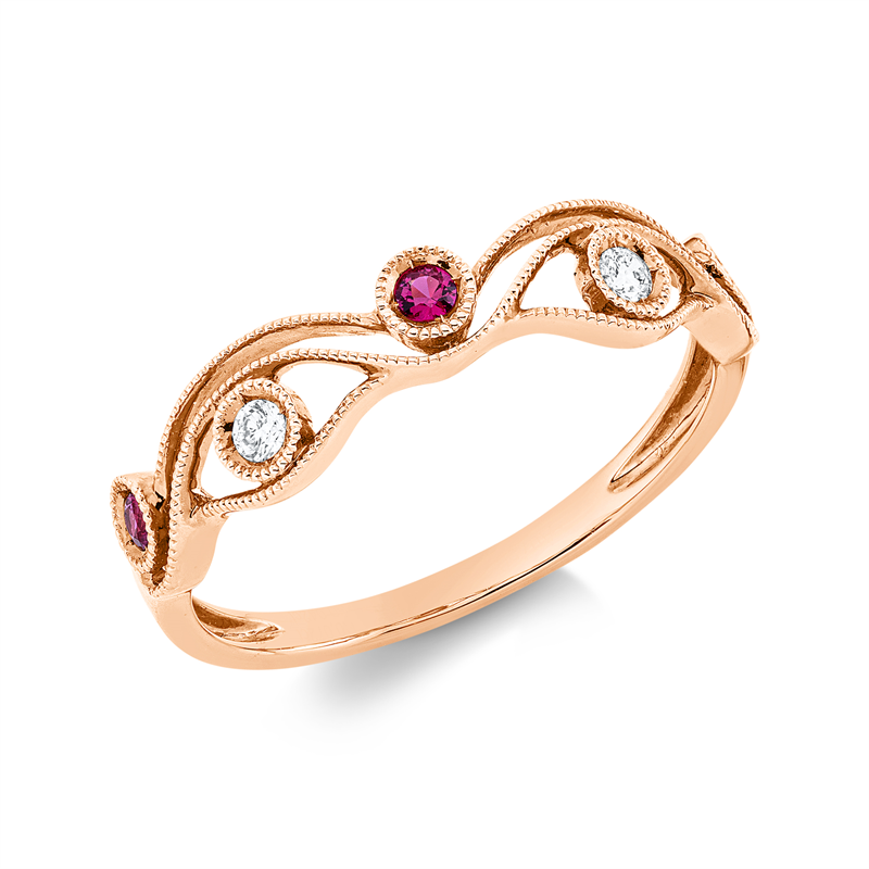 Ring 18 kt RG, 2 Brill. 0,04 ct, TW-si, 3 Rubine 0,07 ct rot