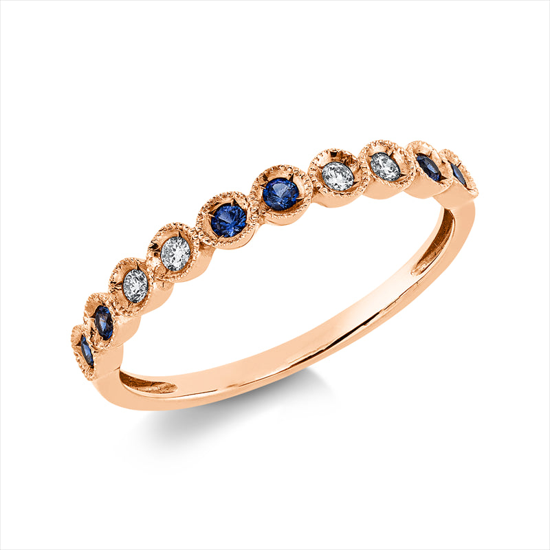 Ring 18 kt RG, 4 Brill. 0,05 ct, TW/W-si, 6 Saphire 0,11 ct blau