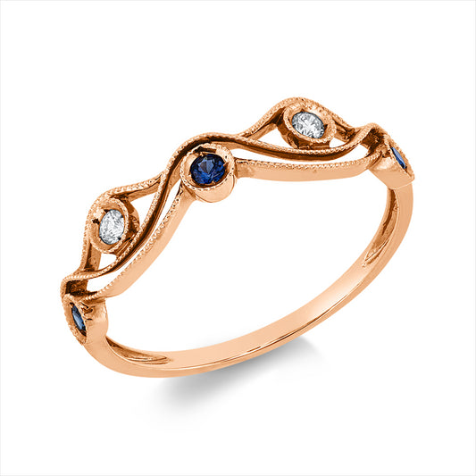 Ring 18 kt RG, 2 Brill. 0,04 ct, TW/W-si, 3 Saphire 0,09 ct blau
