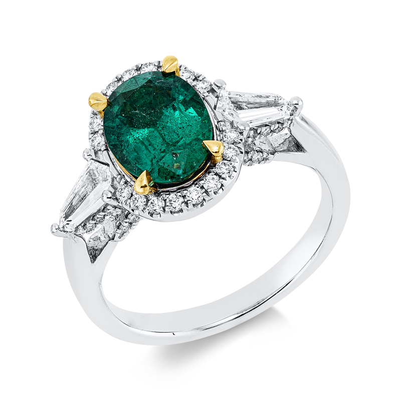 Ring 18 kt WG+GG, 2 Fant-Schl. 0,42 ct, TW-vsi, 56 Brill. 0,25 ct, TW-si, 1 Smaragd 1,53 ct grün