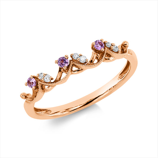 Ring 18 kt RG, 6 Brill. 0,03 ct, TW/W-pi, 3 Saphire 0,08 ct pink
