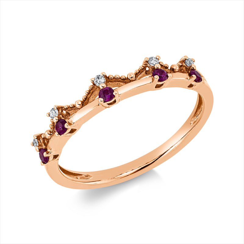 Ring 18 kt RG, 5 Brill. 0,04 ct, TW/W-si, 5 Rubine 0,11 ct rot