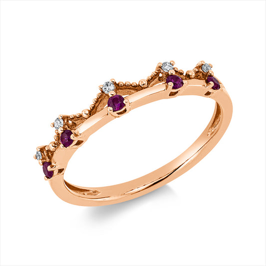 Ring 18 kt RG, 5 Brill. 0,04 ct, TW/W-si, 5 Rubine 0,11 ct rot