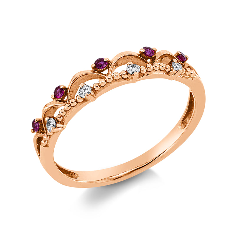 Ring 18 kt RG, 4 Brill. 0,04 ct, TW/W-si, 5 Rubine 0,08 ct rot