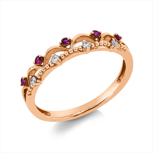 Ring 18 kt RG, 4 Brill. 0,04 ct, TW/W-si, 5 Rubine 0,08 ct rot