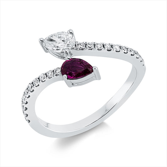 Ring 18 kt WG, 21 Fant-Schl. 0,44 ct, TW-si, 1 Rubin 0,30 ct rot