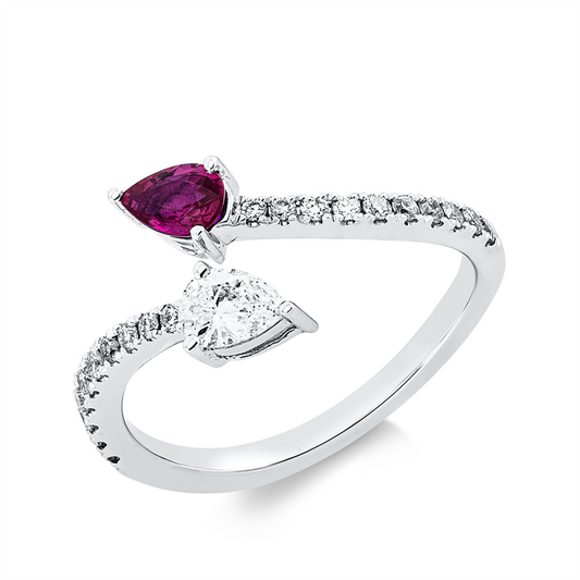 Ring 18 kt WG, 21 Fant-Schl. 0,44 ct, TW-si, 1 Rubin 0,30 ct rot