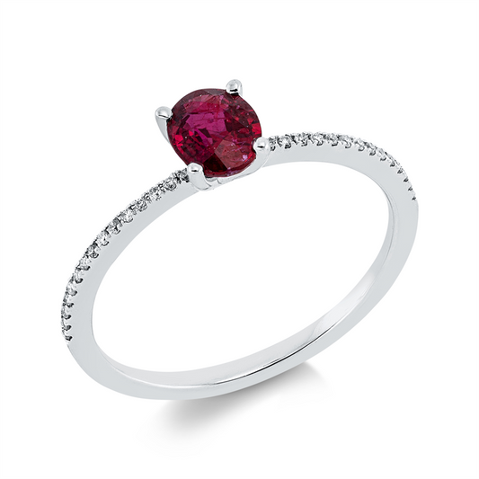Ring 18 kt WG, 30 Brill. 0,06 ct, TW-si, 1 Rubin 0,62 ct rot