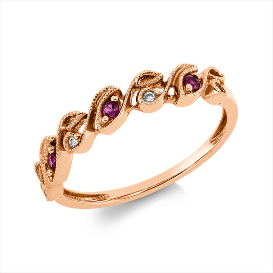 Ring 18 kt RG, 4 Brill. 0,03 ct, TW/W-si, 3 Rubine 0,05 ct rot