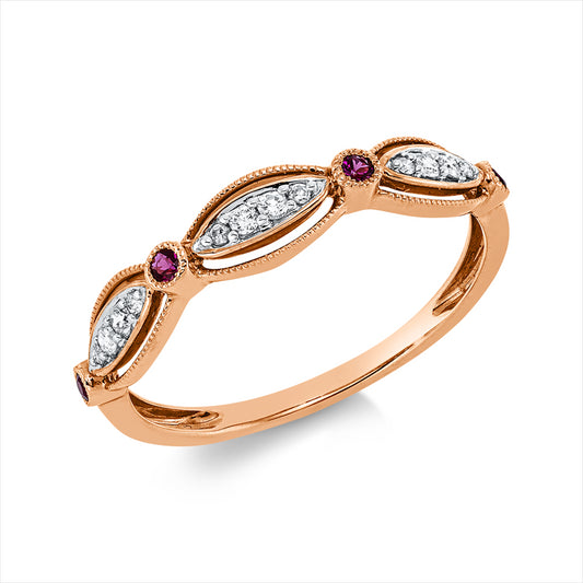 Ring 18 kt RG, Fassung rhodiniert, 12 Brill. 0,07 ct, TW/W-si, 4 Rubine 0,06 ct rot