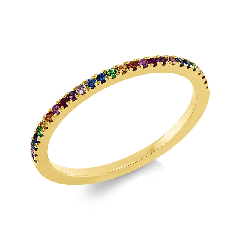 Ring 14 kt GG, 3 Tsa 0,02 ct grün, 3 Am 0,01 ct lila, 18 Sap 0,11 ct multicolor, 3 Ru 0,02 ct rot
