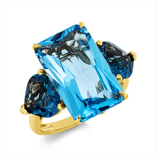 Ring 18 kt GG, 1 Topas 9,90 ct blau, 2 Topase 4,90 ct Lond. blue