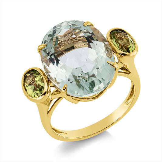 Ring 18 kt GG, 1 Amethyst 9,70 ct grün, 2 Peridot 1,00 ct grün