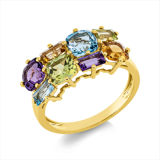Ring 18 kt GG, 4 Farbsteine 2,80 ct multicolor, 4 Farbsteine 0,80 ct multicolor
