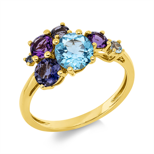 Ring 18 kt GG, 2 Topase 1,20 ct blau, 2 Amethyste 0,50 ct lila, 2 Iolith 0,50 ct blau, 1 Saphir 0,03 ct blau