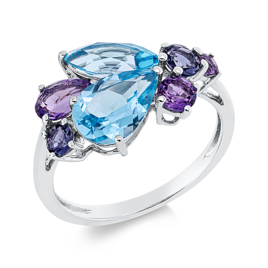 Ring 18 kt WG, 3 Amethyste 0,80 ct lila, 2 Topase 2,70 ct blau, 2 Iolith 0,30 ct blau