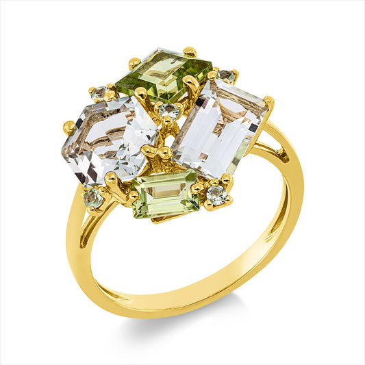 Ring 18 kt GG, 2 Peridot 1,60 ct grün, 2 Amethyste 2,70 ct grün, 5 Tsavorith 0,11 ct grün